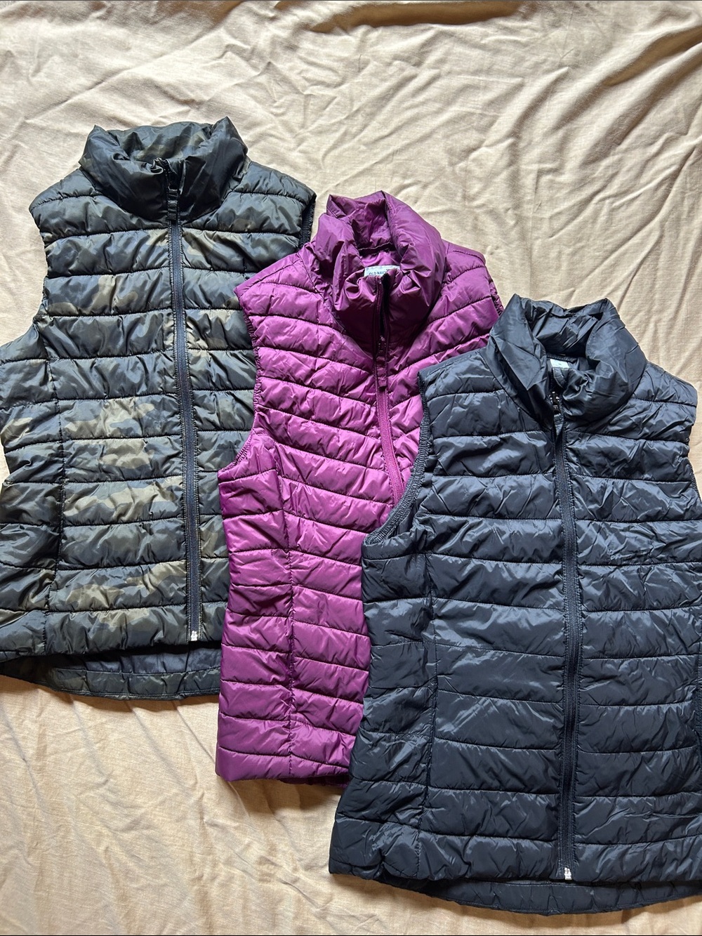Old Navy Women's Puffer Vest Trio Bundle - Black, Purple, Camouflage